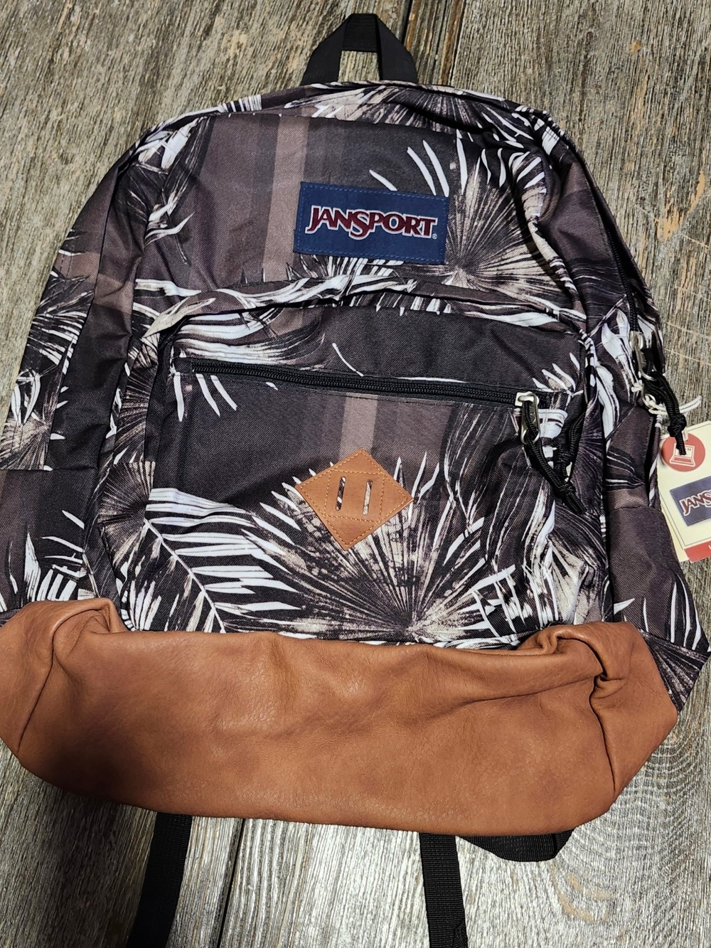 JanSport Black Palm-Print Backpack with Brown Base